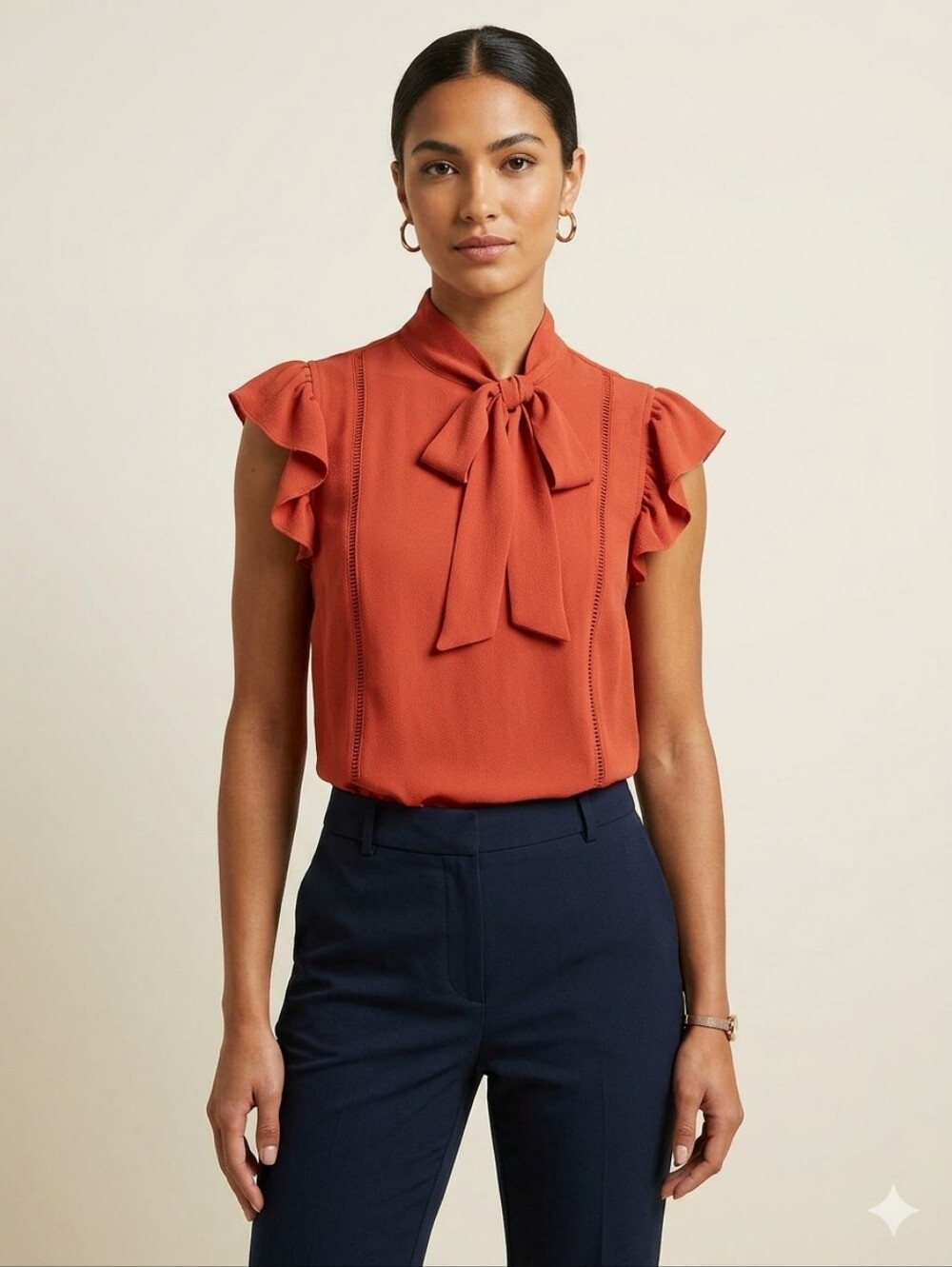 Kontrol Contemporary Orange Tie-Neck Ruffle Sleeve Blouse
